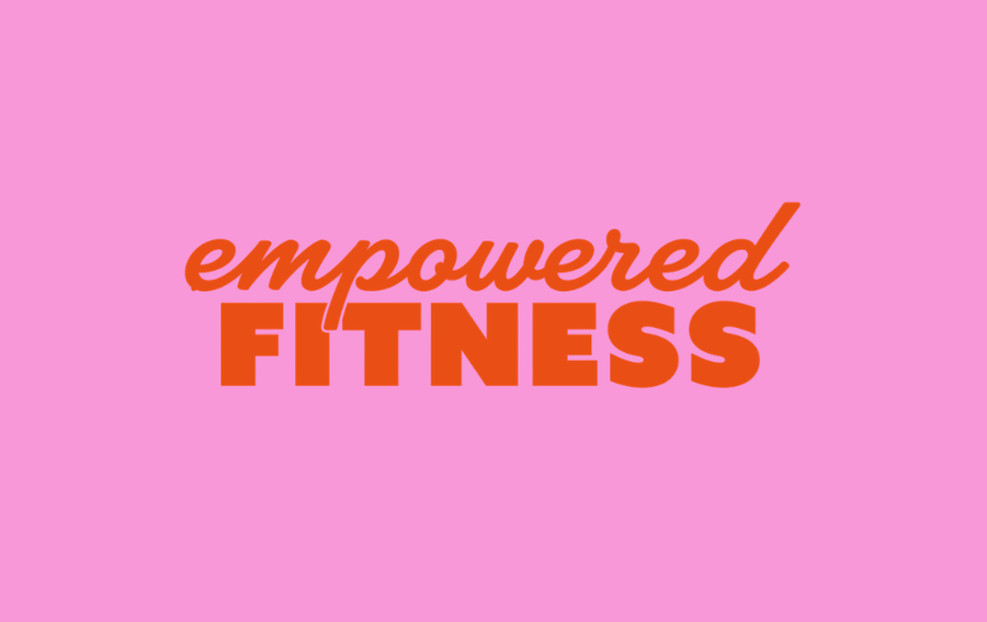 Empowered Fitness logo in orange script and block capitals on pink.