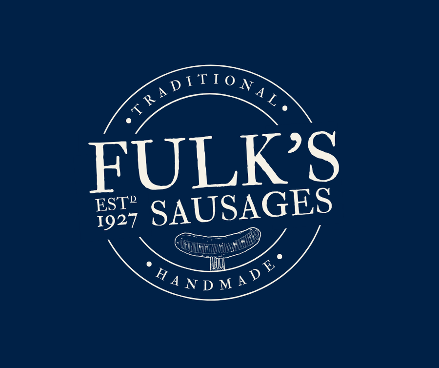 Fulk's Sausages roundel logo in cream on navy, established 1927.