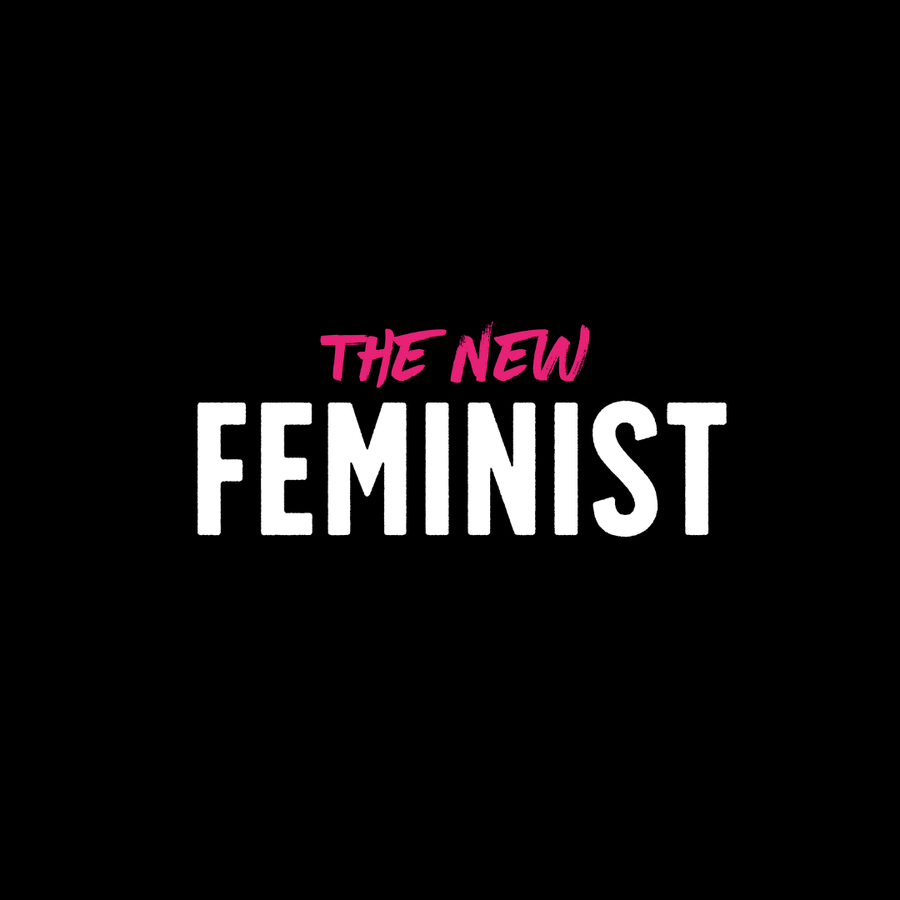 The New Feminist logo in pink and white on black.