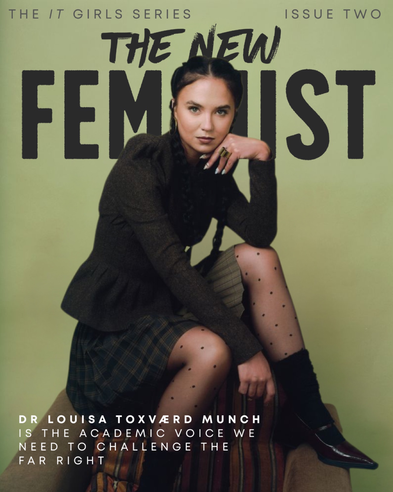 The New Feminist cover, It Girls series issue two: Dr Louisa Toxværd Munch in a tweed jacket and plaited hair against a sage green backdrop.