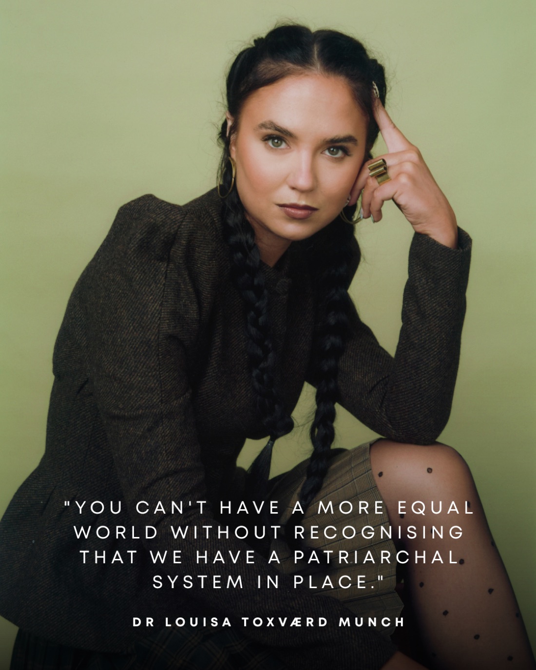 Editorial portrait of Dr Louisa Toxværd Munch with the pull quote 'You can't have a more equal world without recognising that we have a patriarchal system in place.'