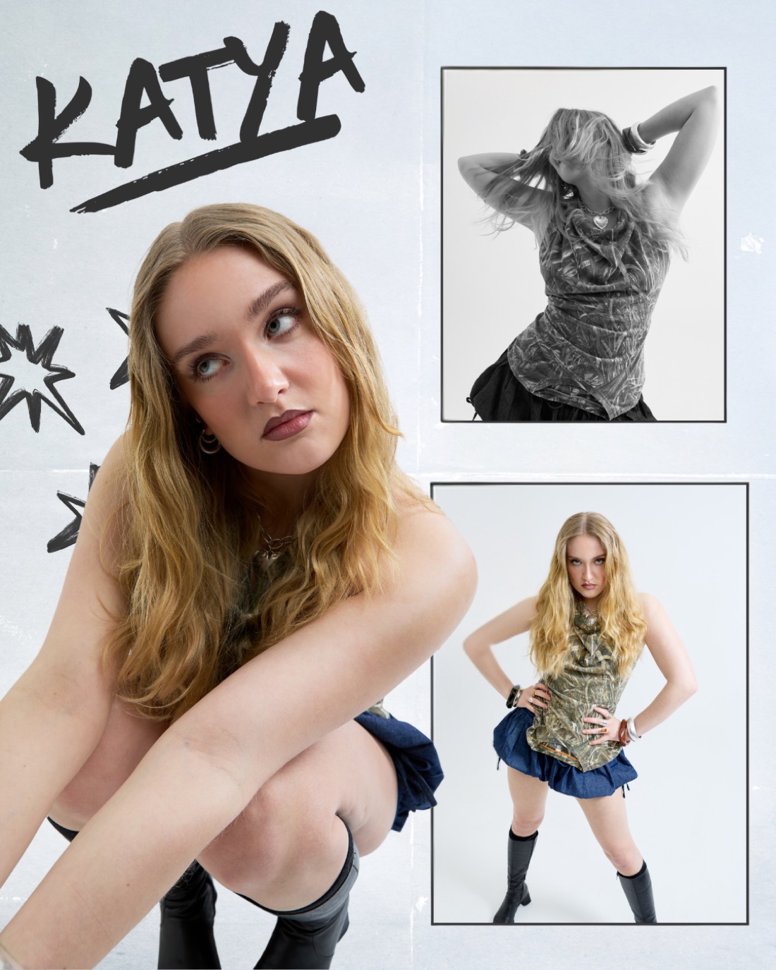 Editorial page for Katya of Girl Group: marker-pen name, hand-drawn stars and three studio poses.