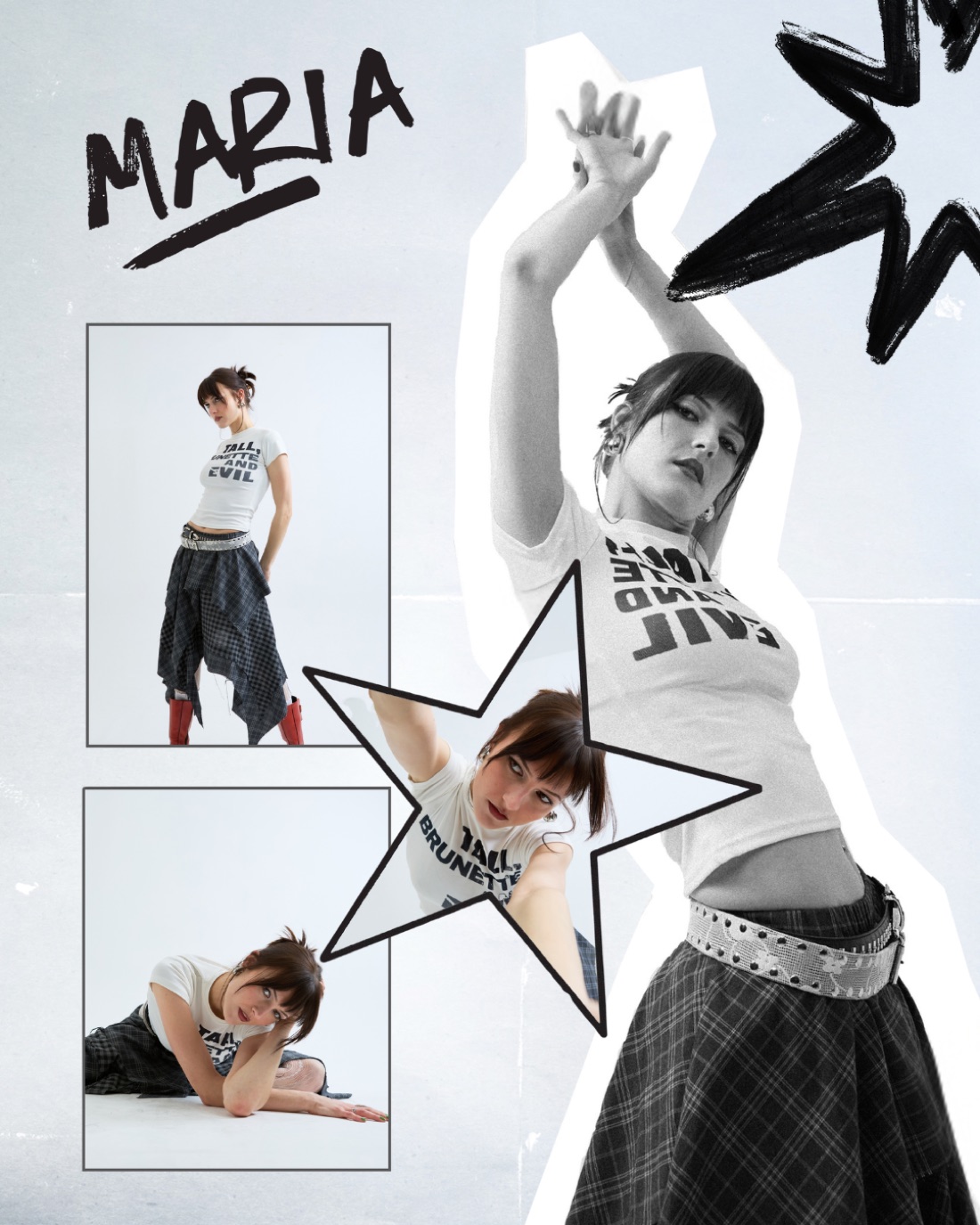 Editorial page for Maria of Girl Group, wearing a 'Tall, brunette and evil' t-shirt, framed by a hand-drawn star.